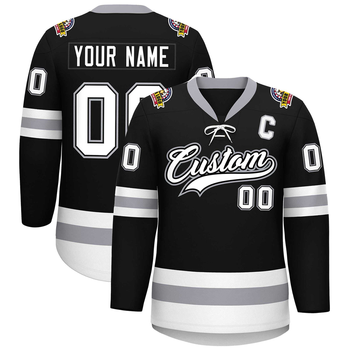Custom Black White-Gray Lace-Up Neck Hockey Jersey | KXKSHOP