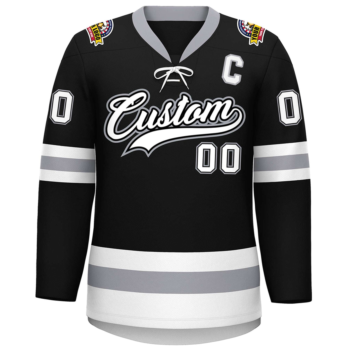 Custom Black White-Gray Lace-Up Neck Hockey Jersey | KXKSHOP