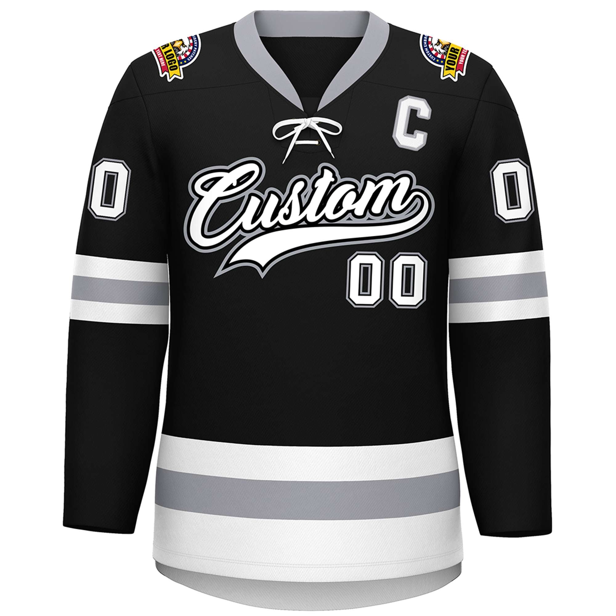 Custom Black White-Gray Lace-Up Neck Hockey Jersey | KXKSHOP