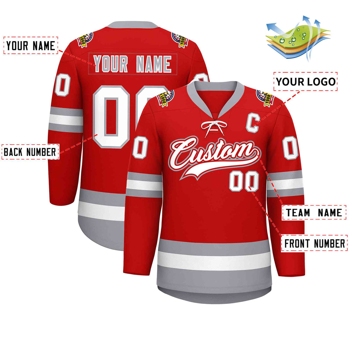 Custom Red White-Gray Lace-Up Neck Hockey Jersey | KXKSHOP