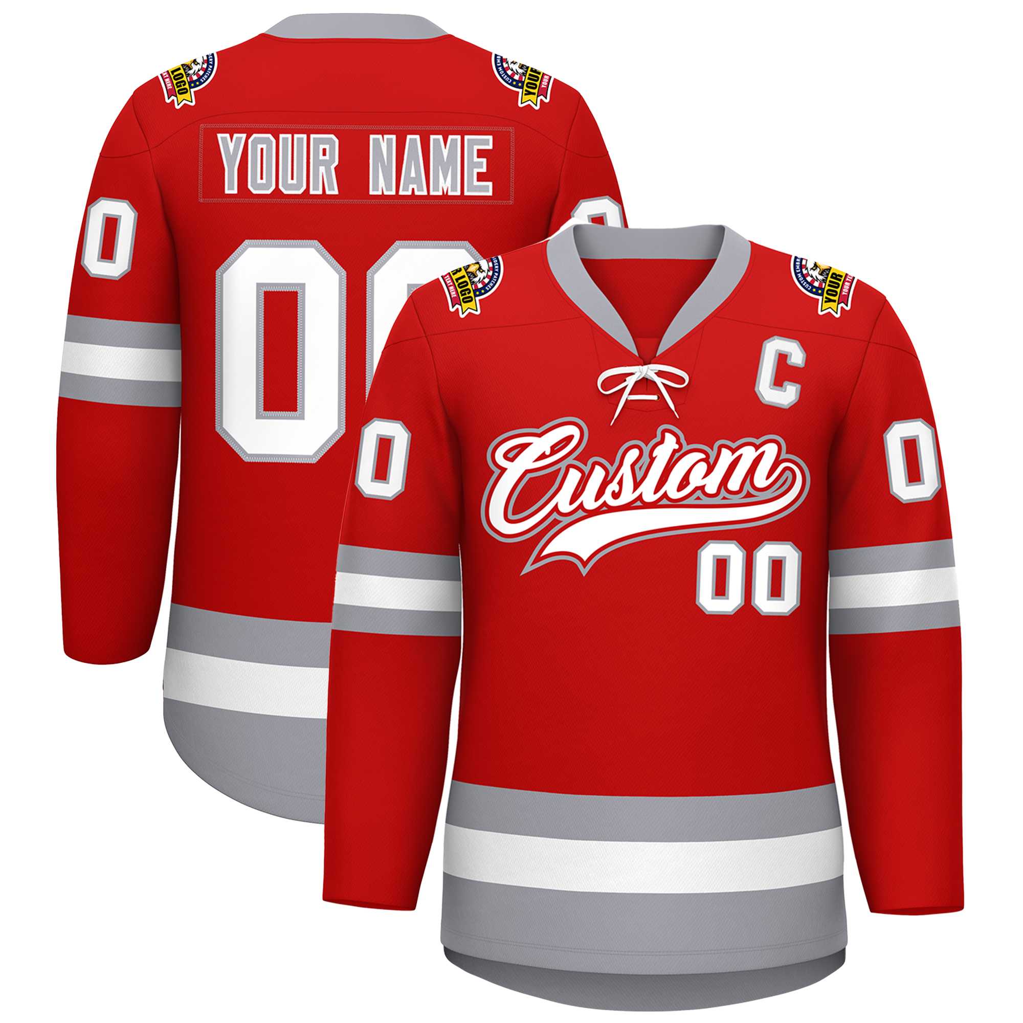 Custom Red White-Gray Lace-Up Neck Hockey Jersey | KXKSHOP