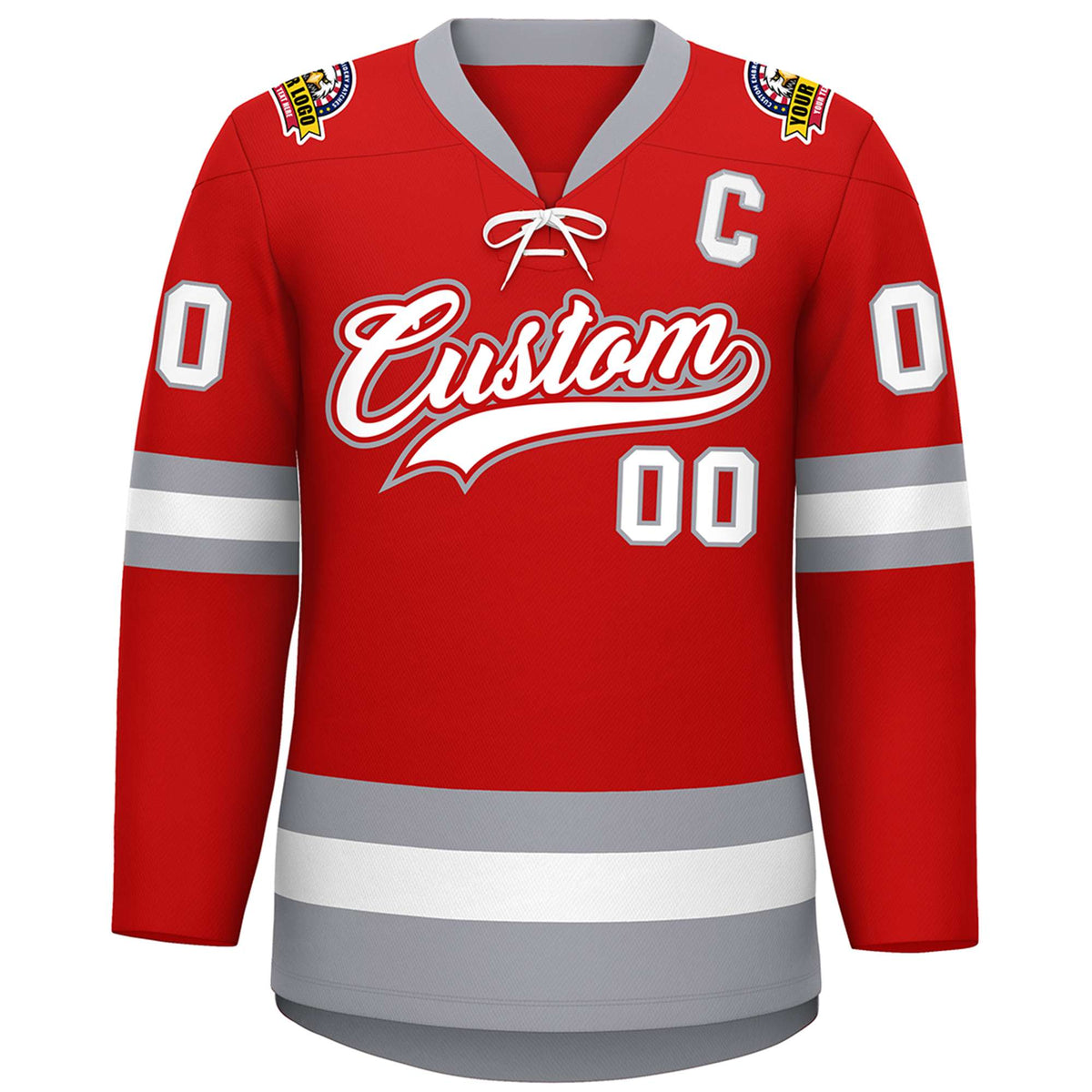 Custom Red White-Gray Lace-Up Neck Hockey Jersey | KXKSHOP