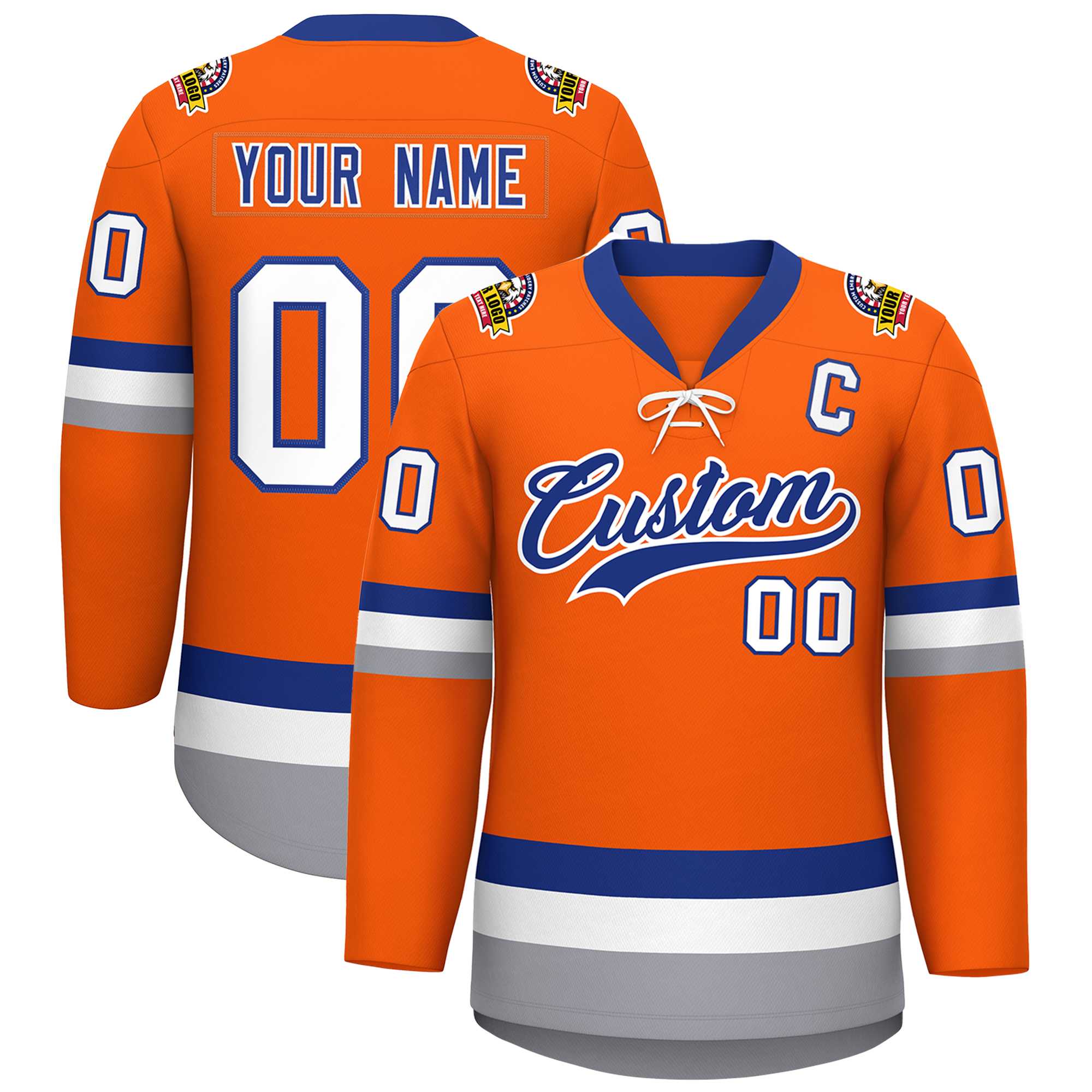 Custom Orange Royal-White Lace-Up Neck Hockey Jersey | KXKSHOP