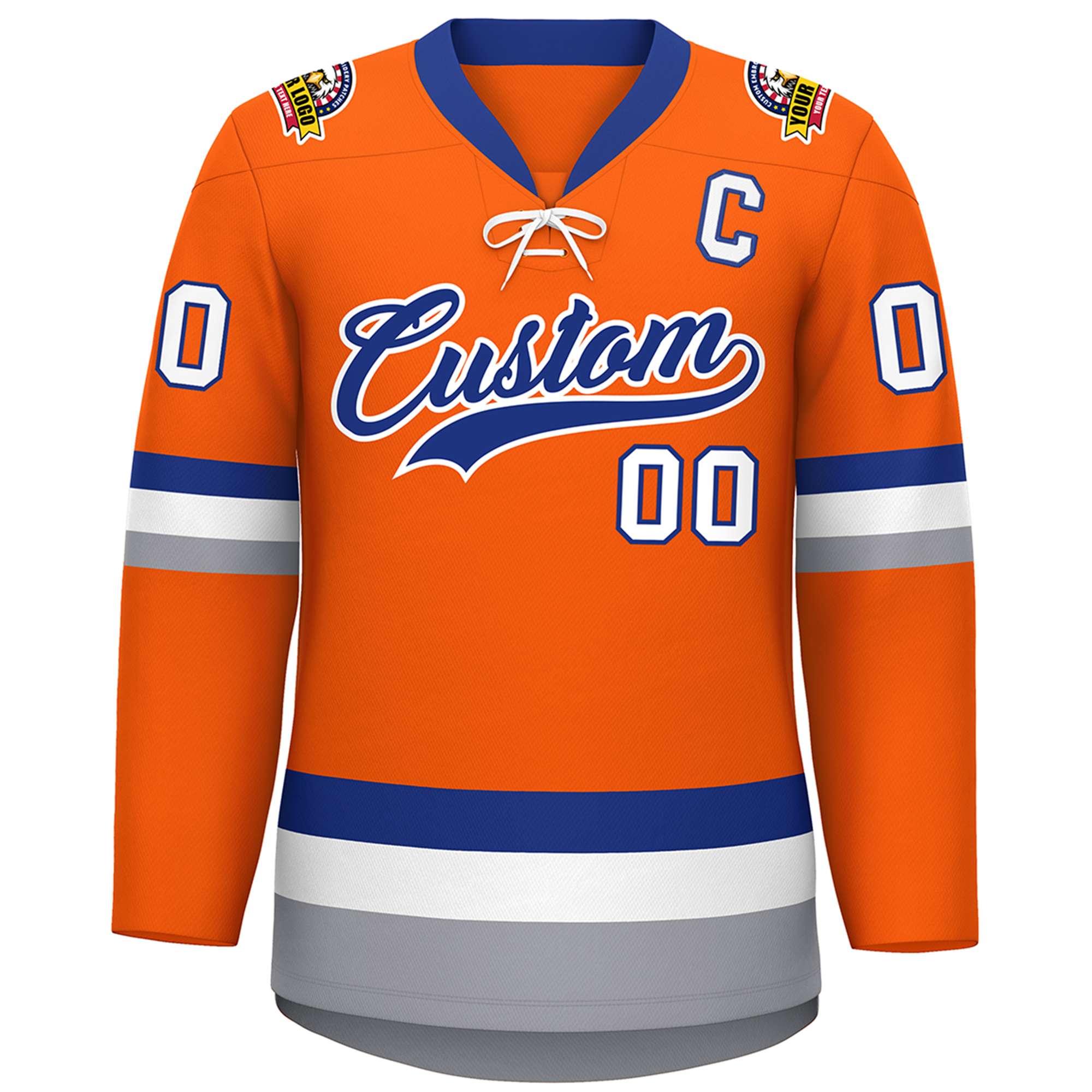 Custom Orange Royal-White Lace-Up Neck Hockey Jersey | KXKSHOP