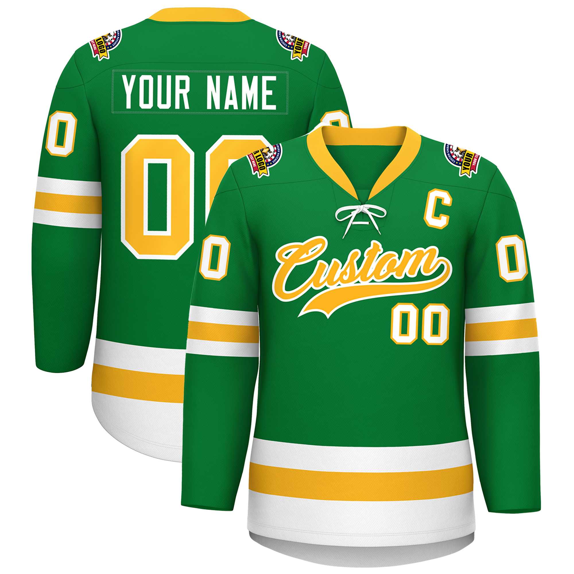 Custom Kelly Green Gold-White Lace-Up Neck Hockey Jersey | KXKSHOP
