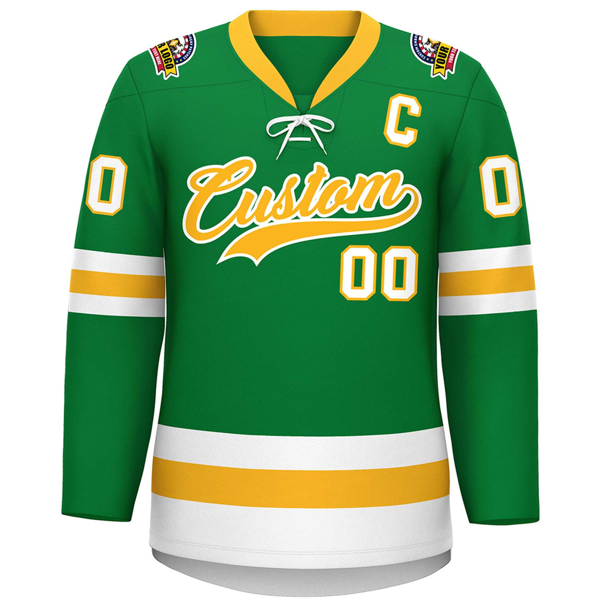 Custom Kelly Green Gold-White Lace-Up Neck Hockey Jersey | KXKSHOP