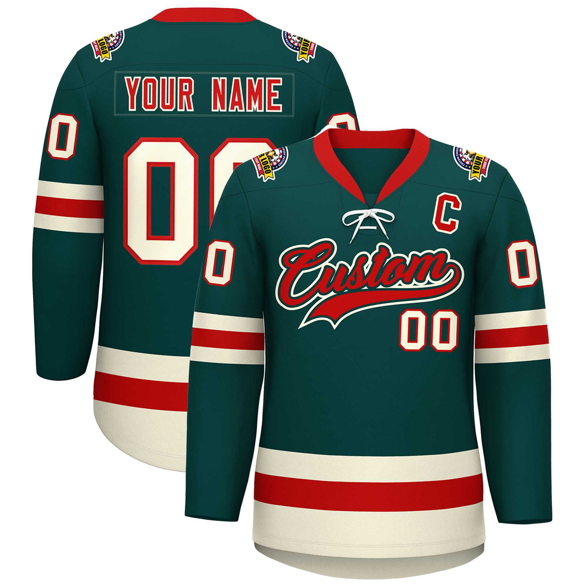 Custom Midnight Green Red-Cream Lace-Up Neck Hockey Jersey | KXKSHOP