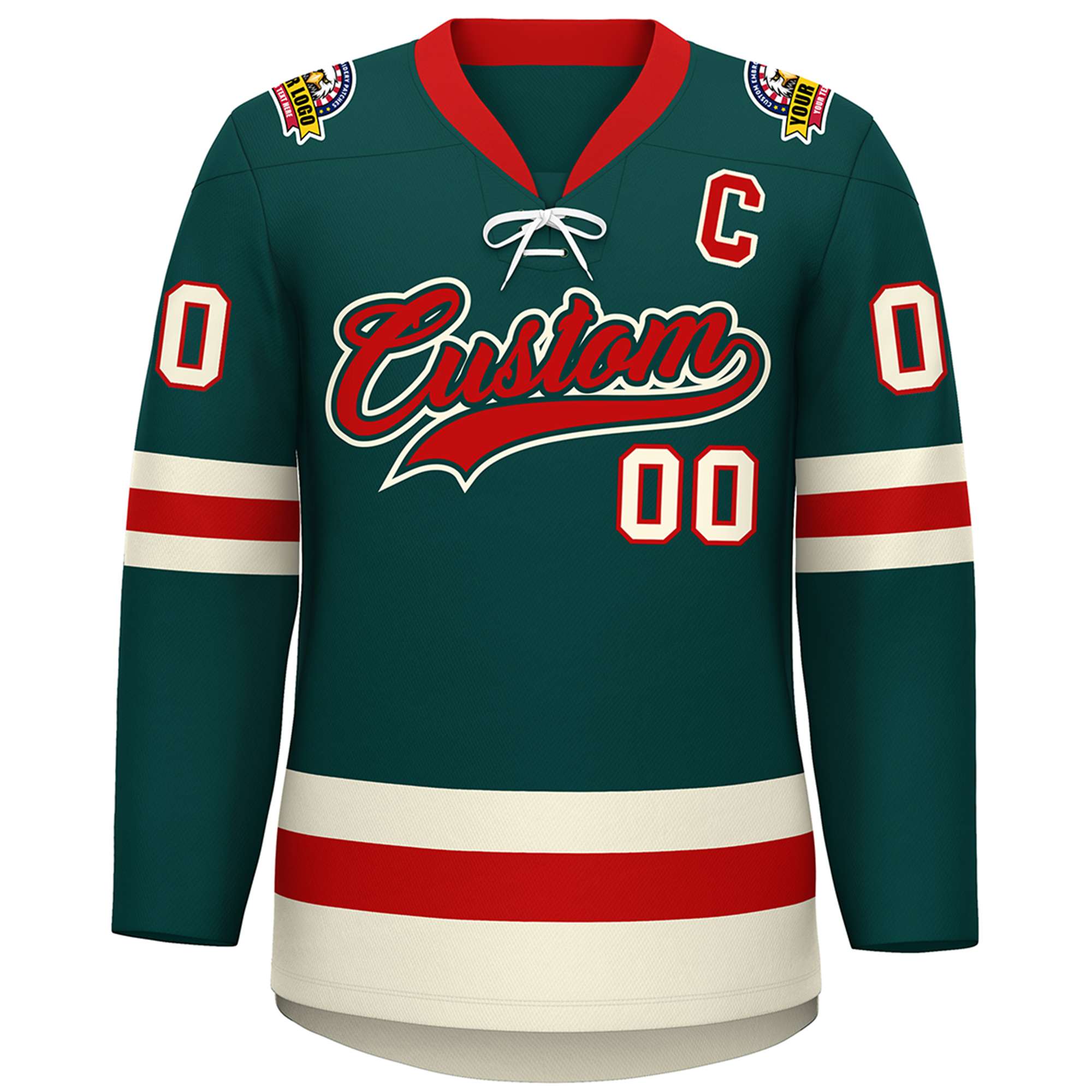 Custom Midnight Green Red-Cream Lace-Up Neck Hockey Jersey | KXKSHOP