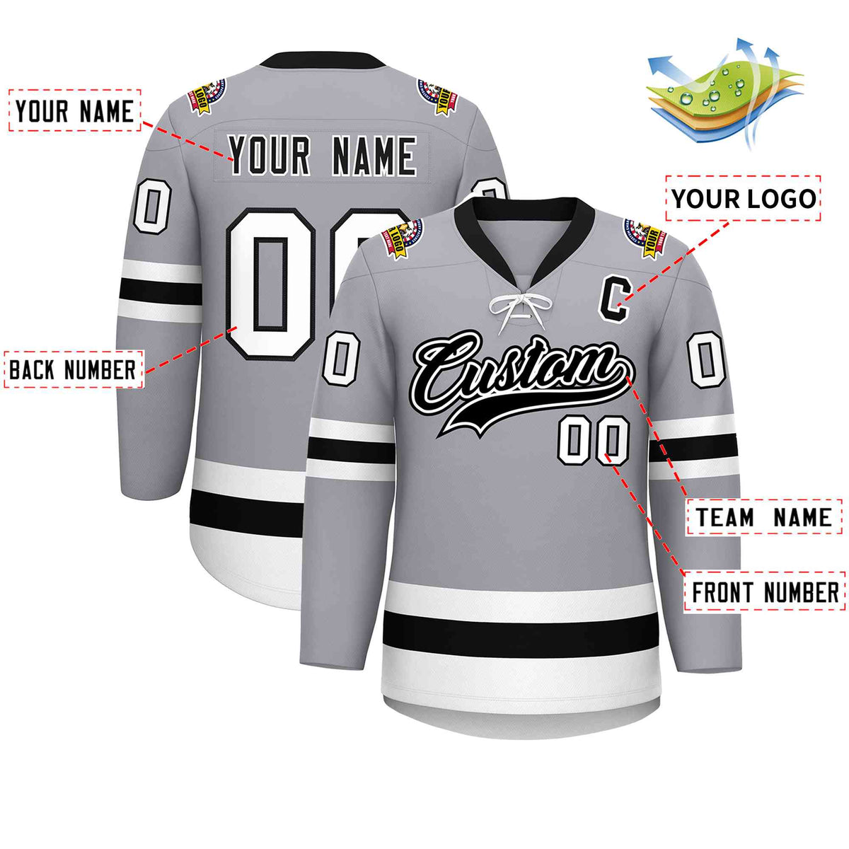 Custom Gray Black-White Lace-Up Neck Hockey Jersey | KXKSHOP