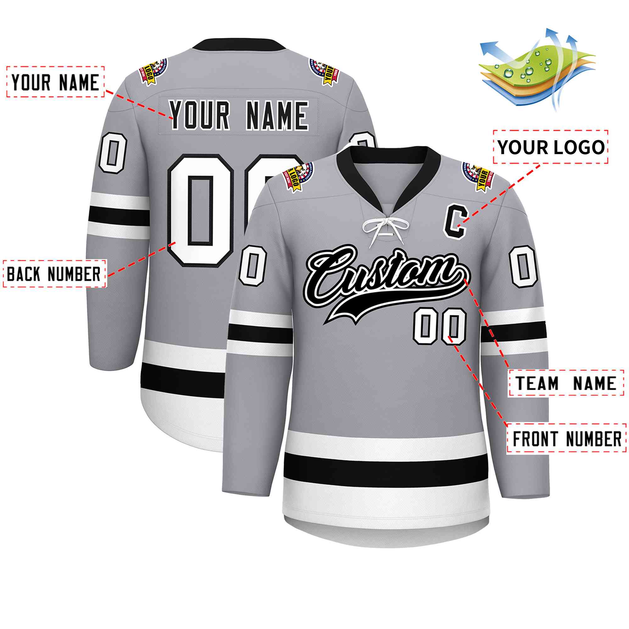 Custom Gray Black-White Lace-Up Neck Hockey Jersey | KXKSHOP