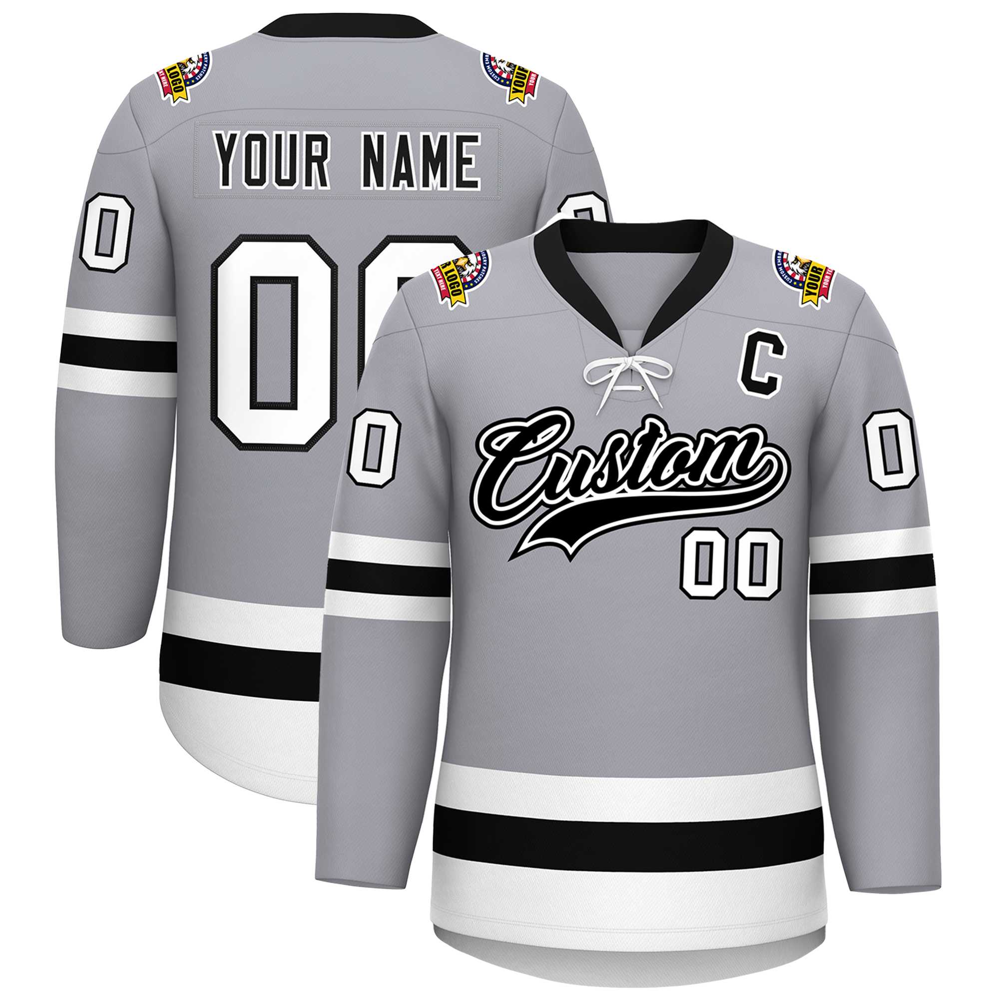 Custom Gray Black-White Lace-Up Neck Hockey Jersey | KXKSHOP