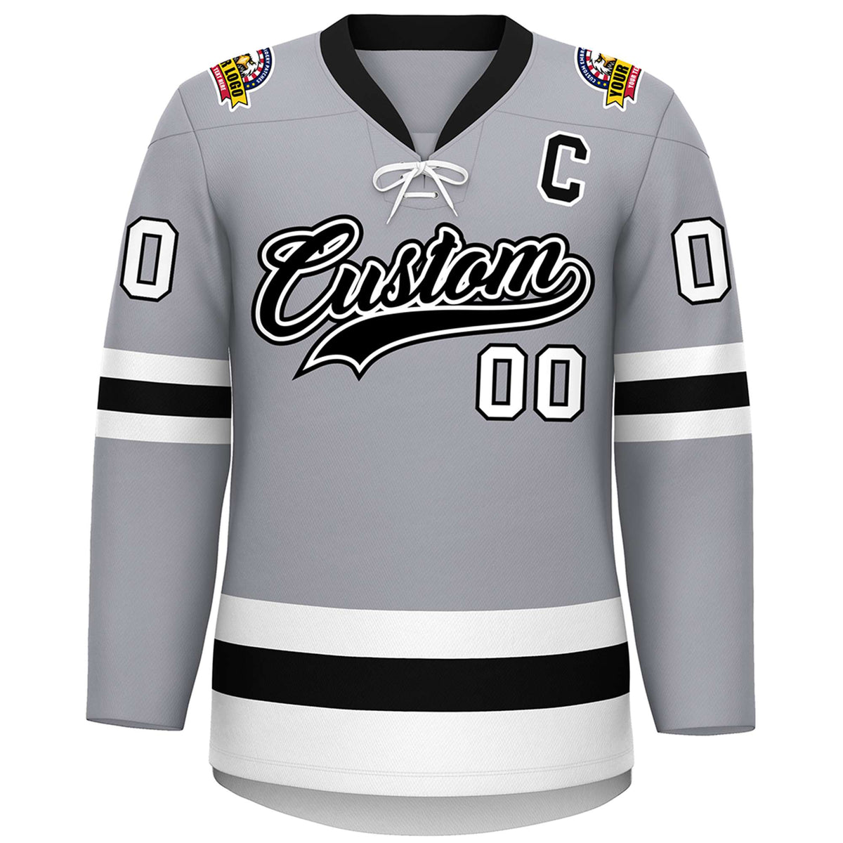 Custom Gray Black-White Lace-Up Neck Hockey Jersey | KXKSHOP