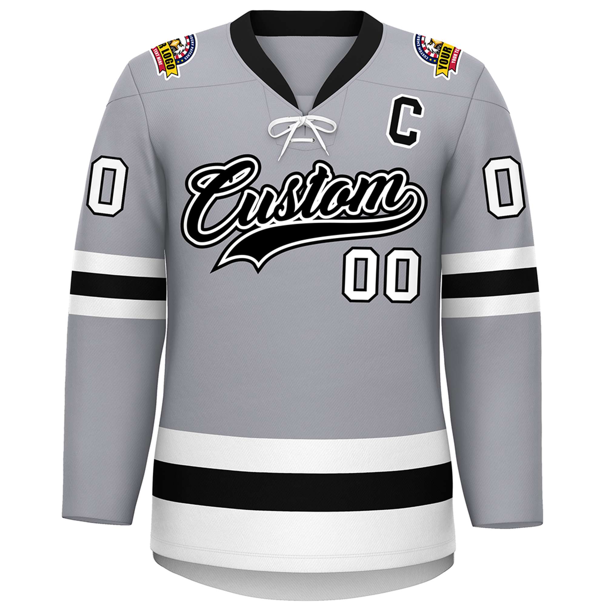 Custom Gray Black-White Lace-Up Neck Hockey Jersey | KXKSHOP