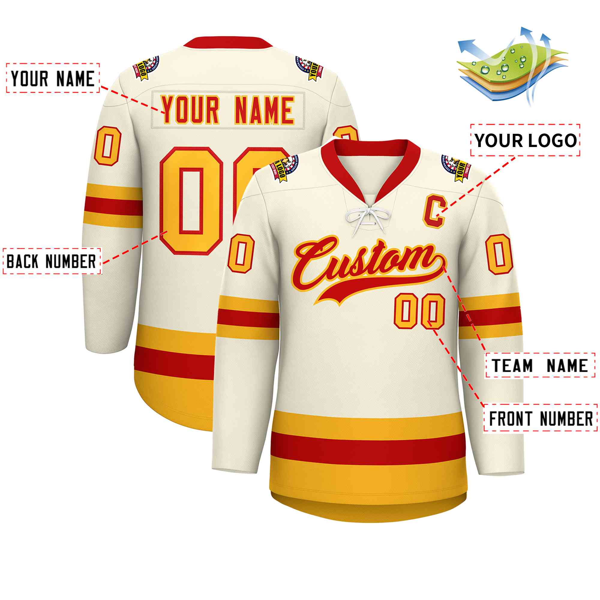 Custom Cream Red-Gold Lace-Up Neck Hockey Jersey | KXKSHOP