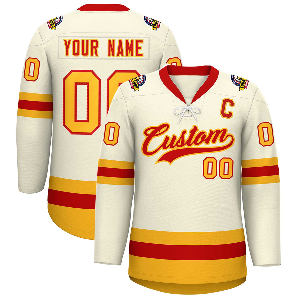 Custom Cream Red-Gold Lace-Up Neck Hockey Jersey | KXKSHOP