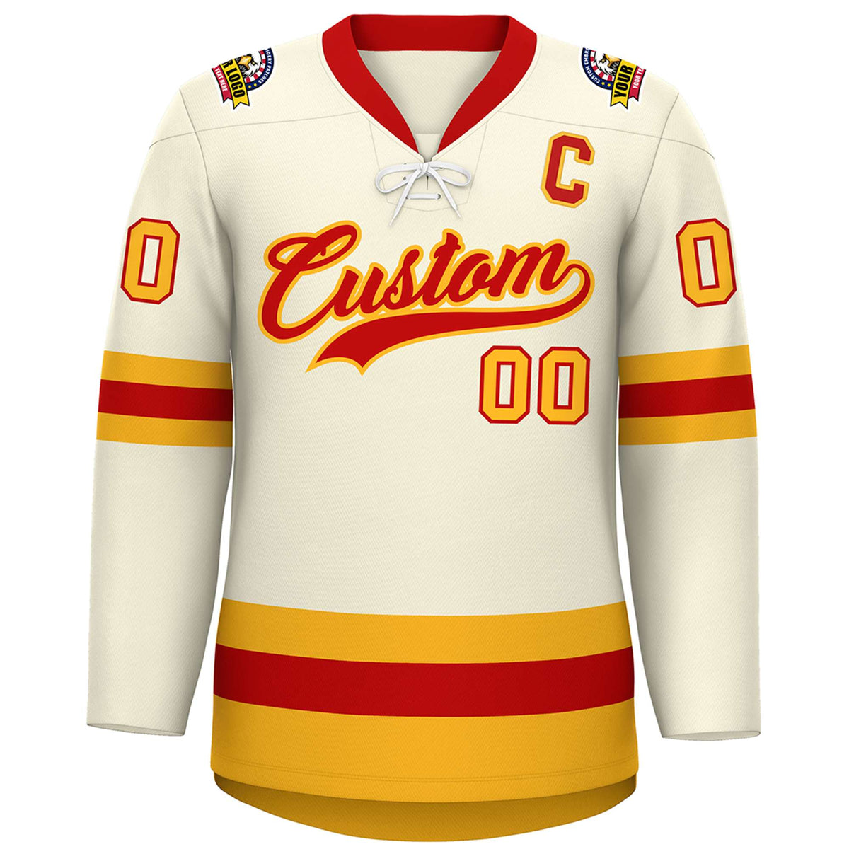 Custom Cream Red-Gold Lace-Up Neck Hockey Jersey | KXKSHOP
