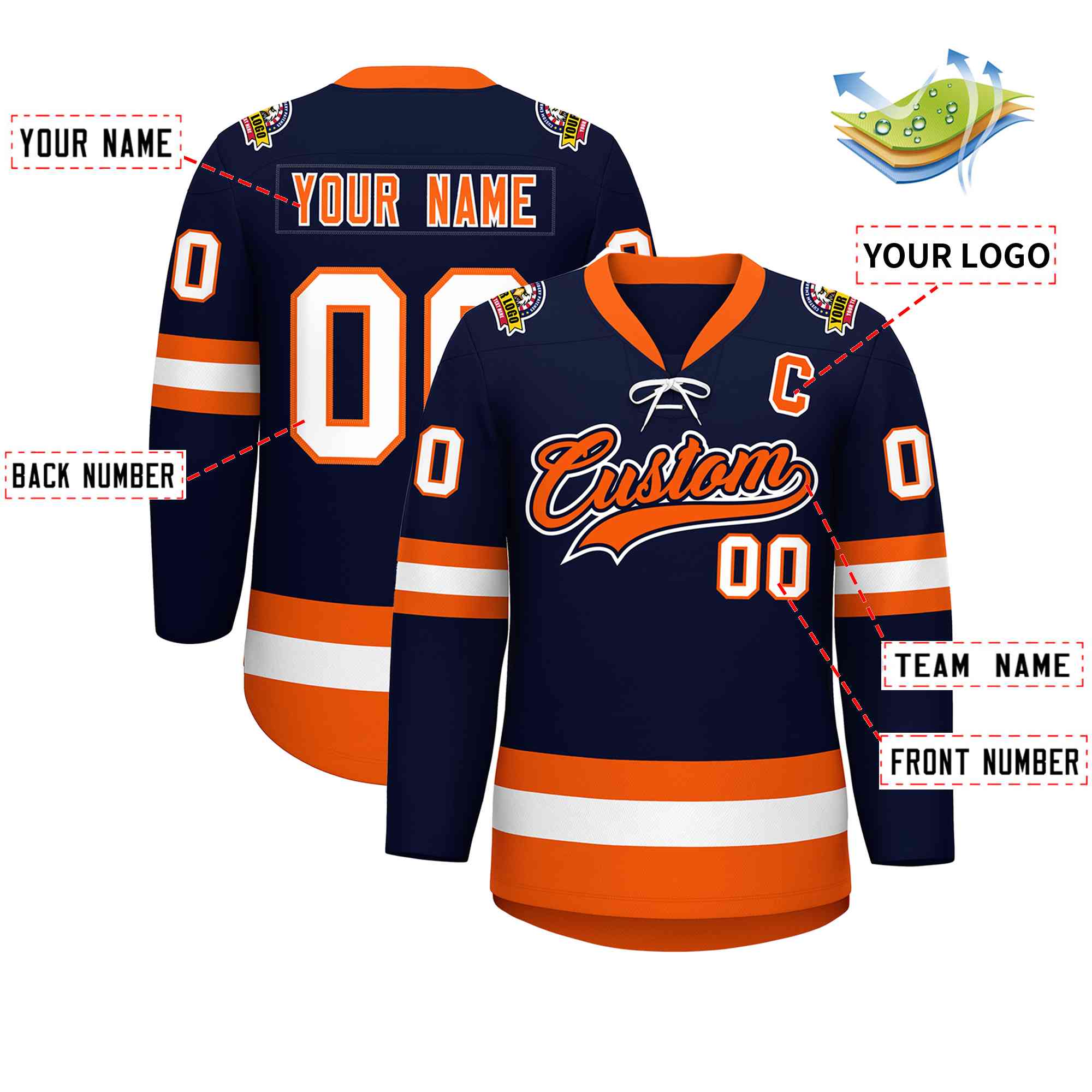 Custom Navy Orange-White Lace-Up Neck Hockey Jersey | KXKSHOP
