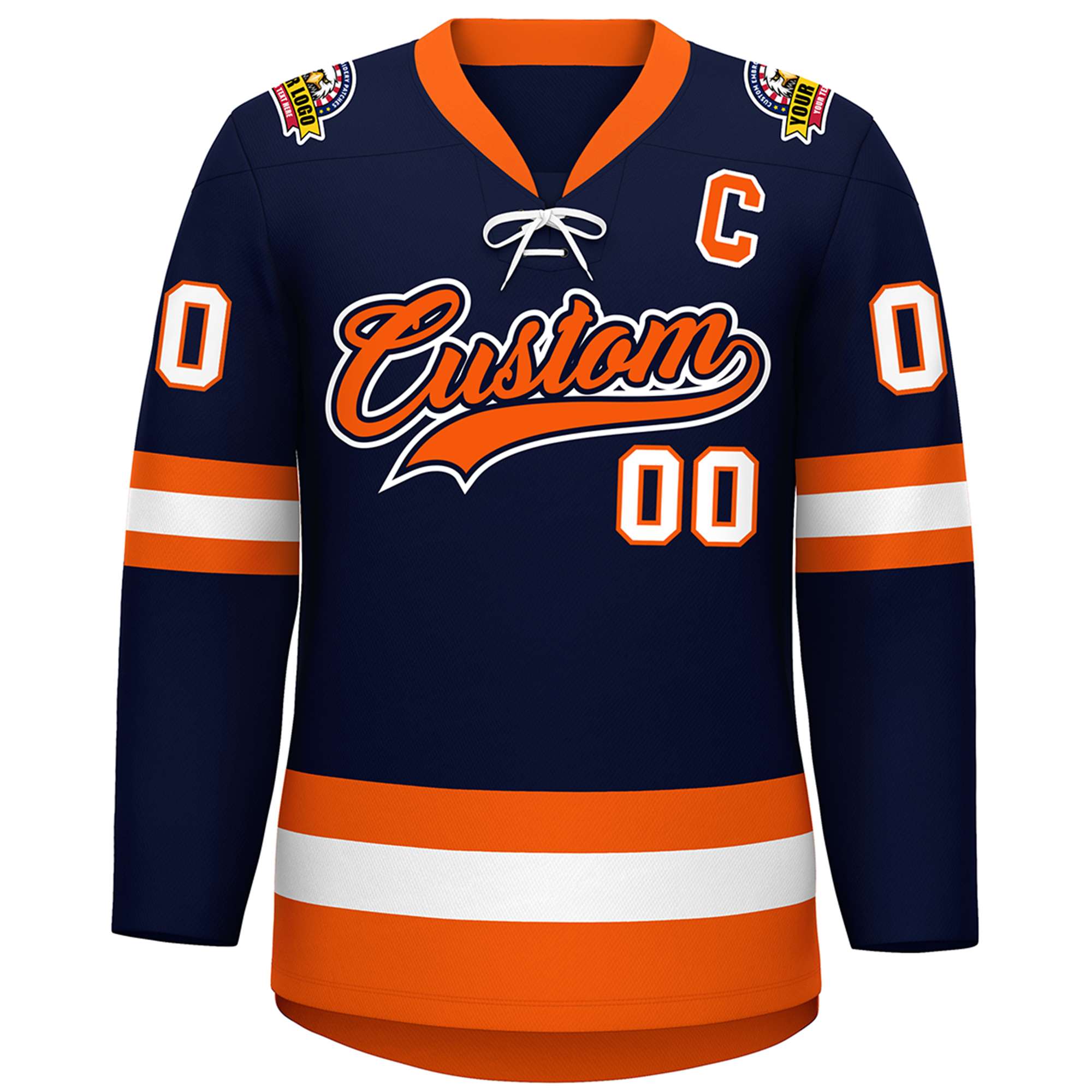 Custom Navy Orange-White Lace-Up Neck Hockey Jersey | KXKSHOP