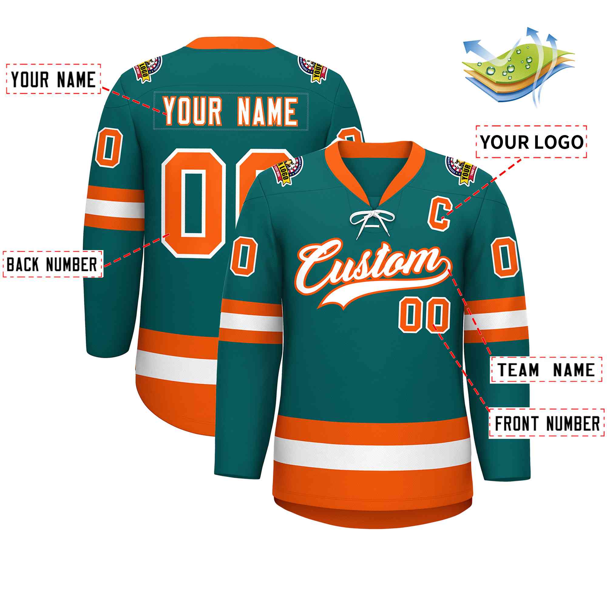 Custom Aqua White-Orange Lace-Up Neck Hockey Jersey | KXKSHOP