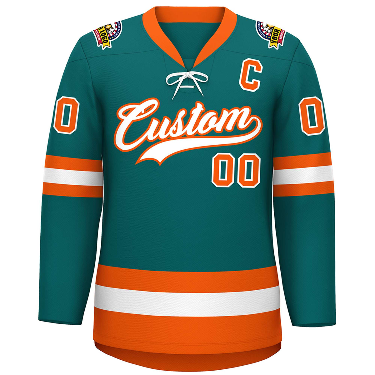 Custom Aqua White-Orange Lace-Up Neck Hockey Jersey | KXKSHOP