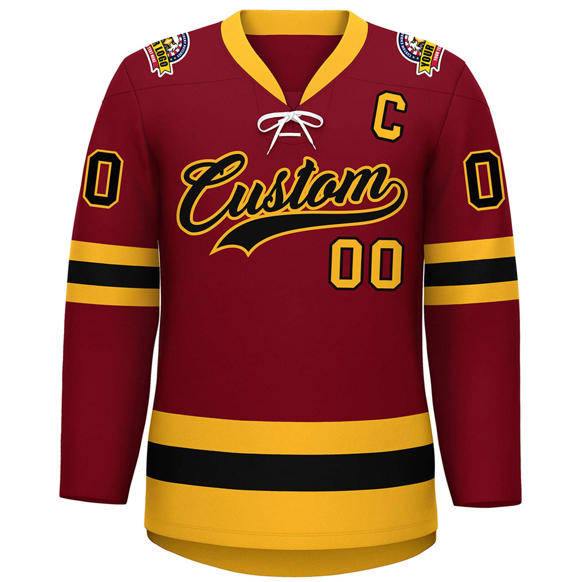 Custom Crimson Black-Gold Lace-Up Neck Hockey Jersey | KXKSHOP