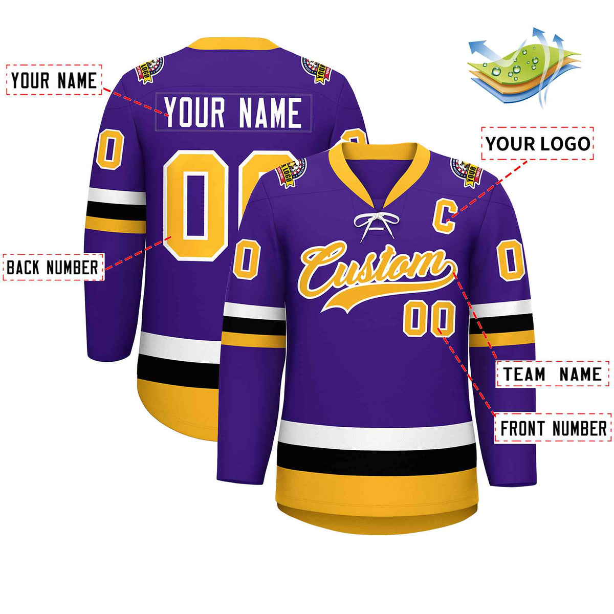Custom Purple Gold-White Lace-Up Neck Hockey Jersey | KXKSHOP