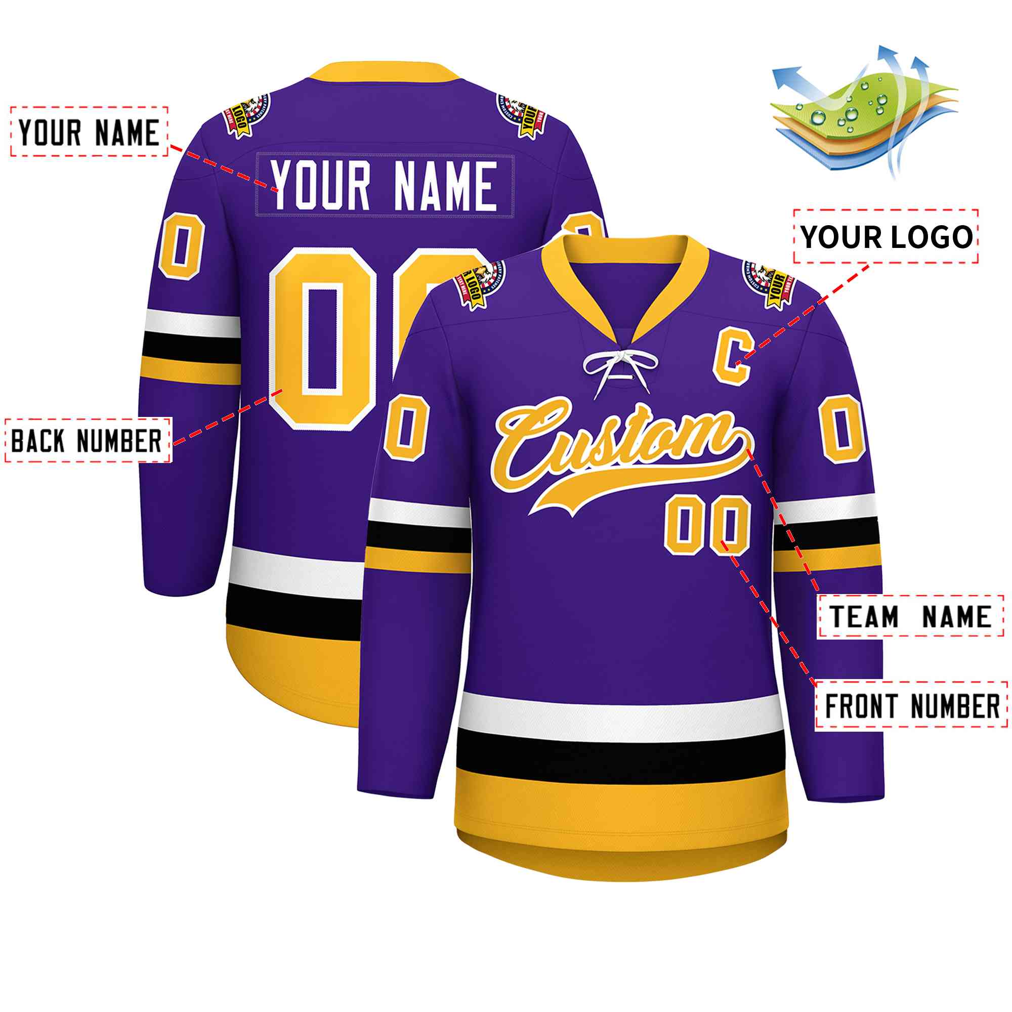 Custom Purple Gold-White Lace-Up Neck Hockey Jersey | KXKSHOP