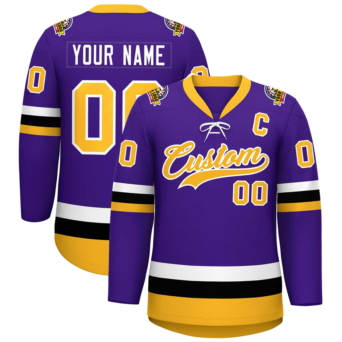 Custom Purple Gold-White Lace-Up Neck Hockey Jersey | KXKSHOP
