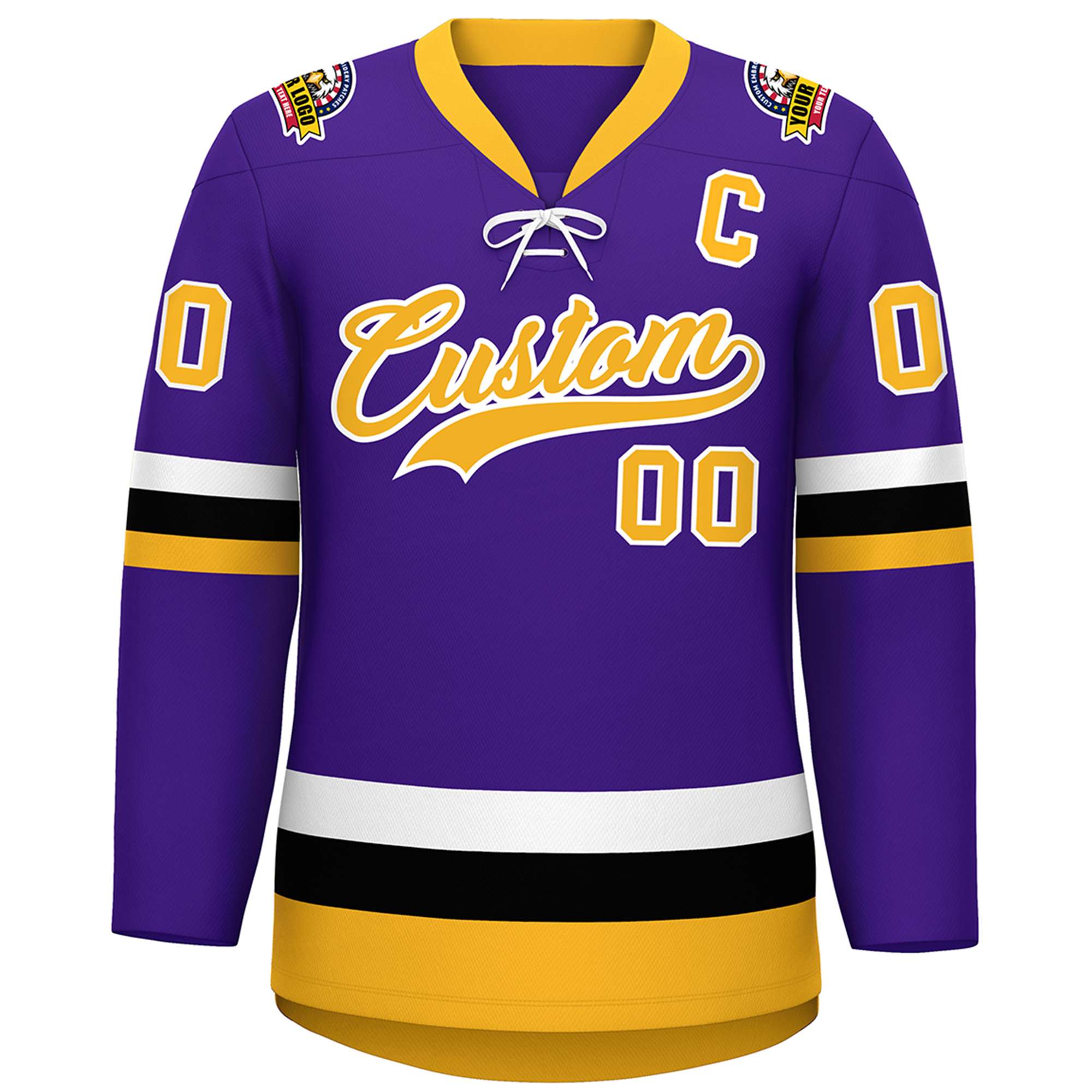 Custom Purple Gold-White Lace-Up Neck Hockey Jersey | KXKSHOP