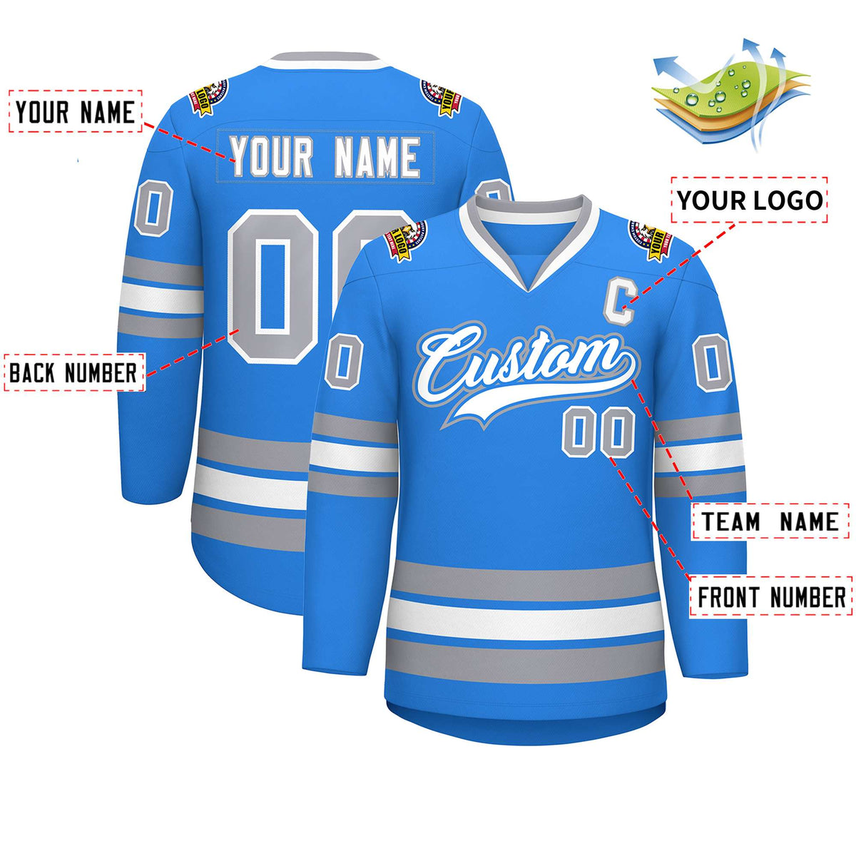 Custom Powder Blue White Powder Blue-Gray Classic Style Hockey Jersey | KXKSHOP