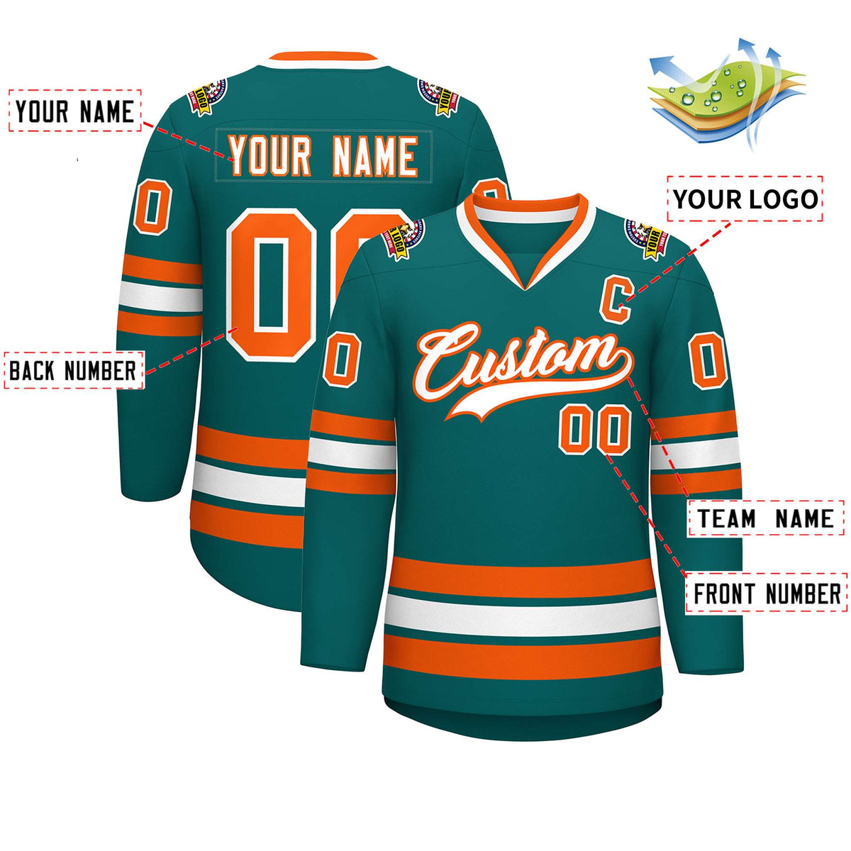 Custom Teal White-Orange Classic Style Hockey Jersey | KXKSHOP