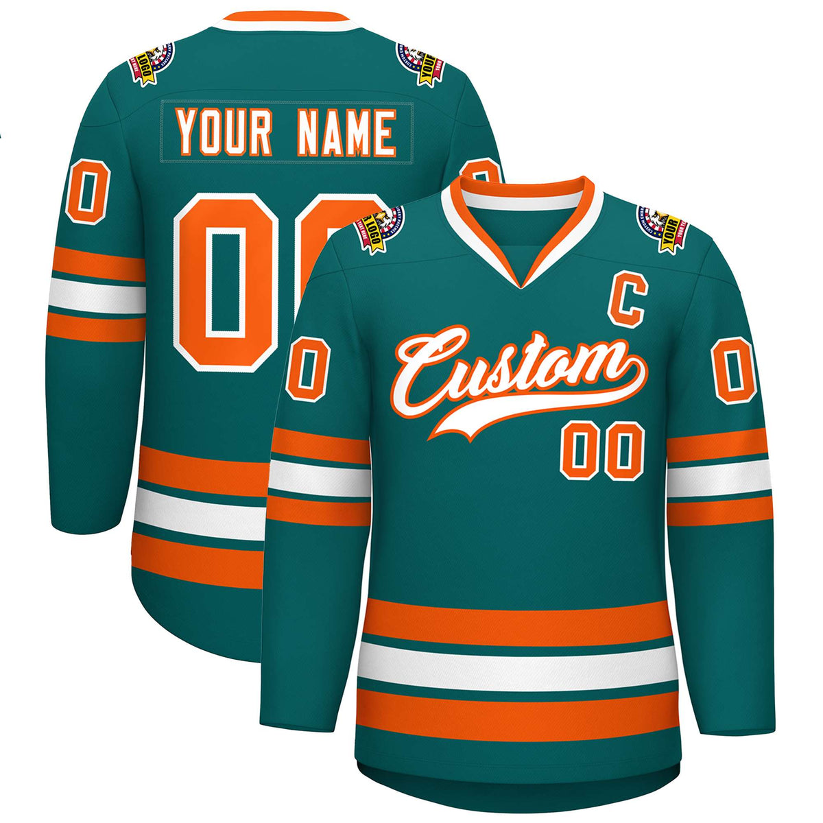 Custom Teal White-Orange Classic Style Hockey Jersey | KXKSHOP