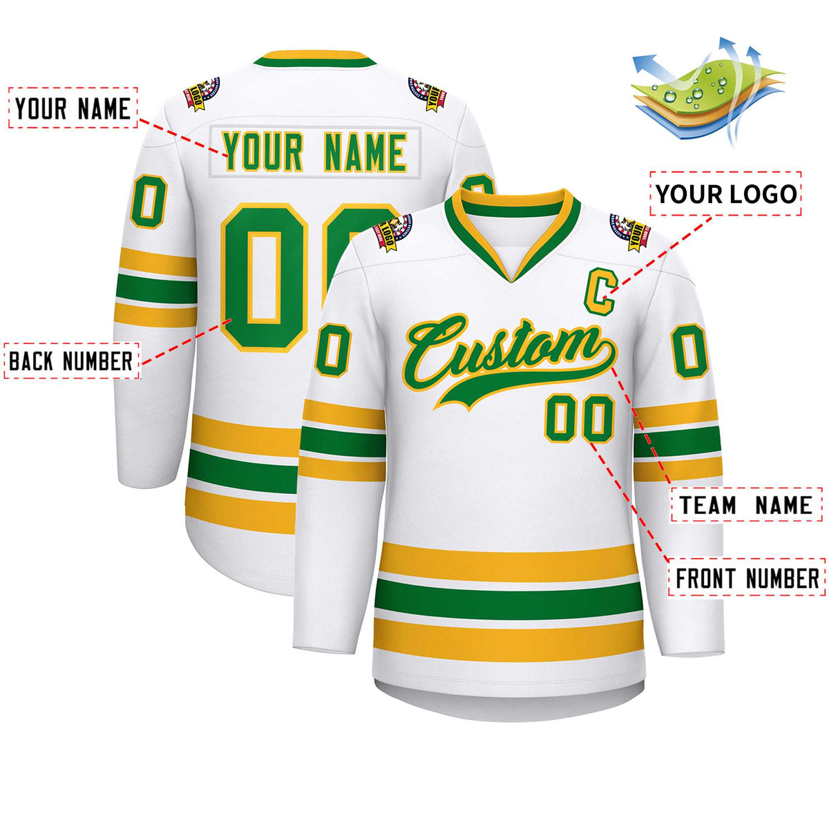 Custom White Kelly Green-Gold Classic Style Hockey Jersey | KXKSHOP