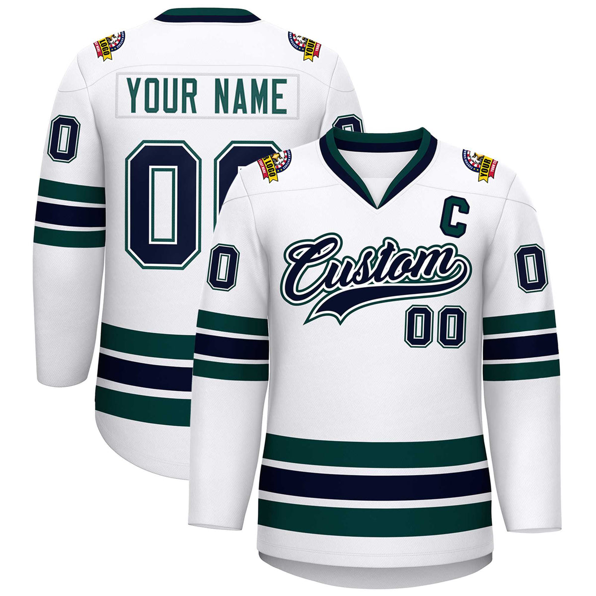 Custom White Navy White-Midnight Green Classic Style Hockey Jersey | KXKSHOP
