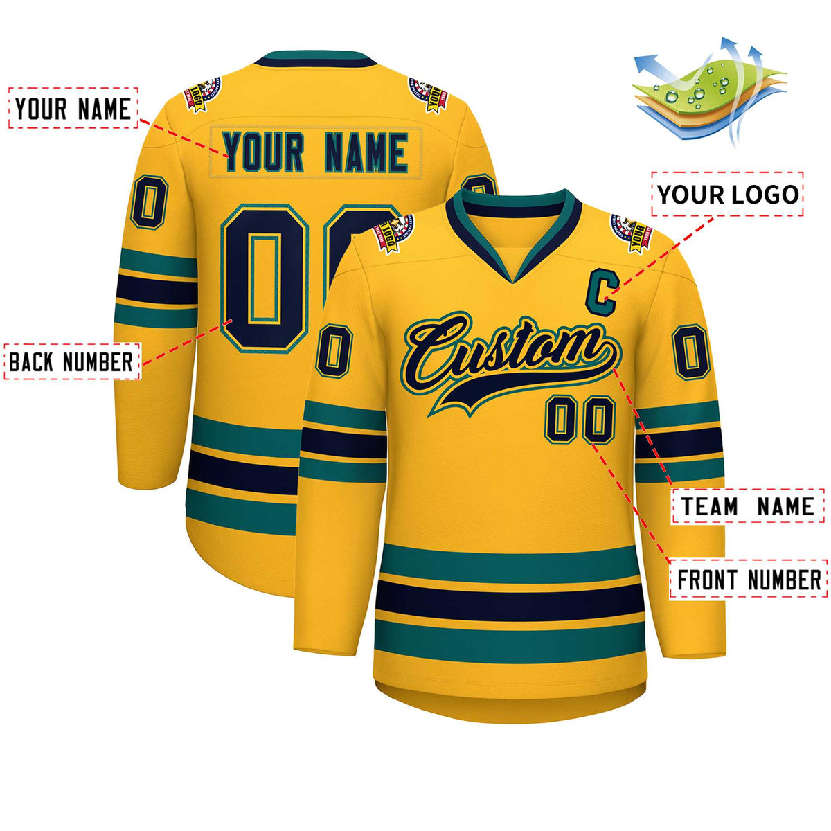 Custom Gold Navy Gold-Aqua Classic Style Hockey Jersey | KXKSHOP