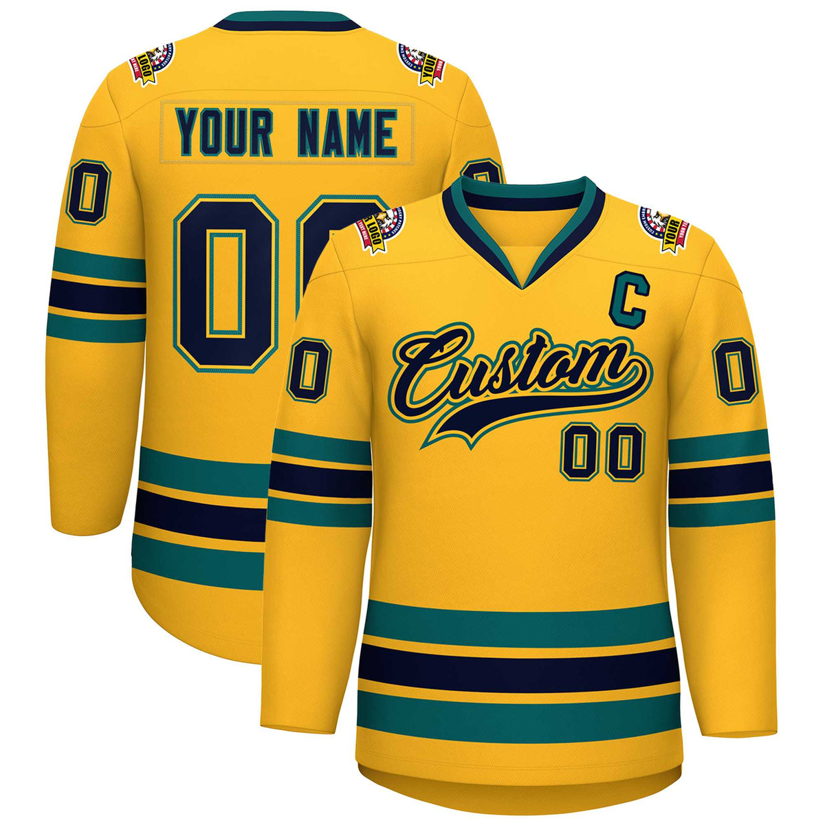 Custom Gold Navy Gold-Aqua Classic Style Hockey Jersey | KXKSHOP