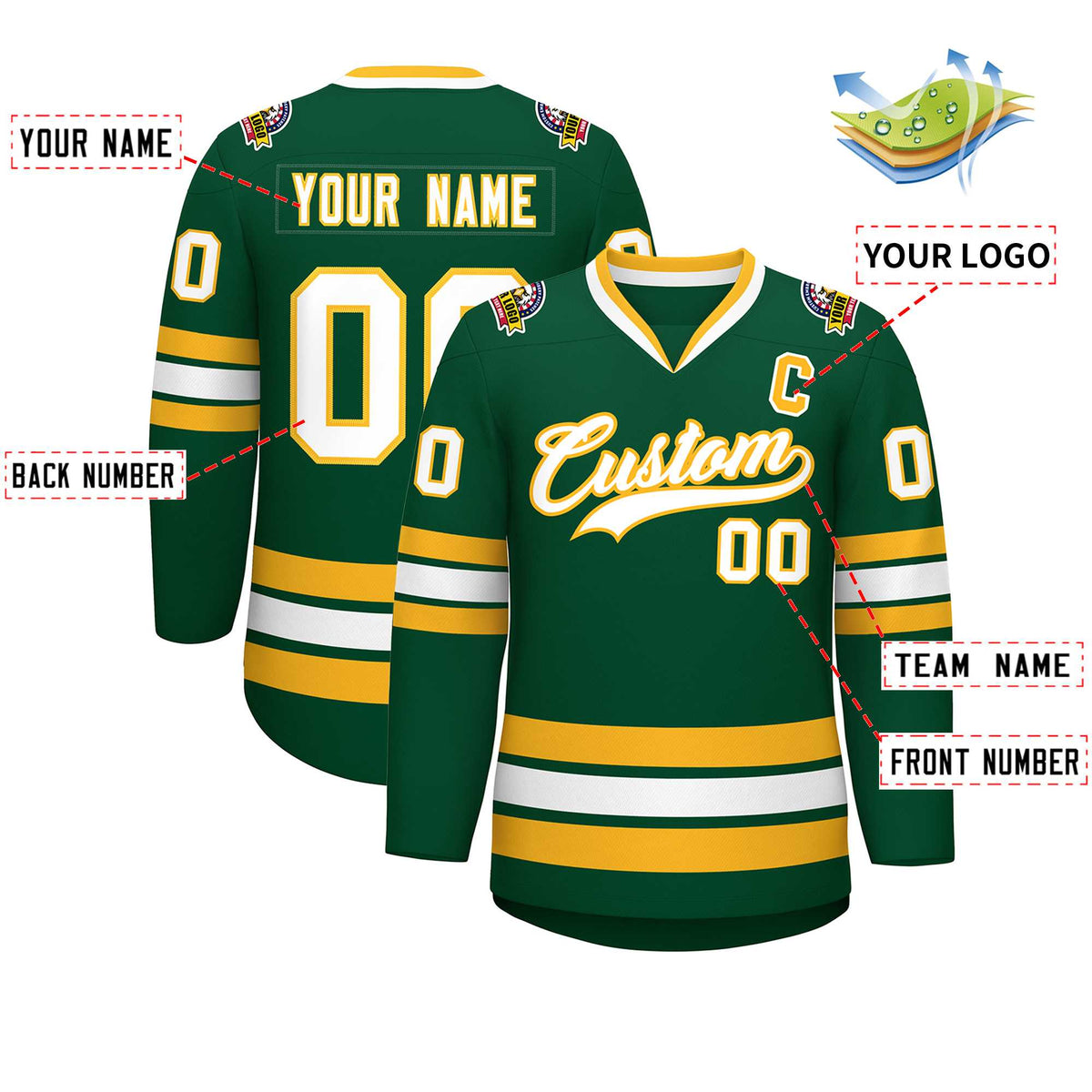 Custom Green White-Gold Classic Style Hockey Jersey | KXKSHOP