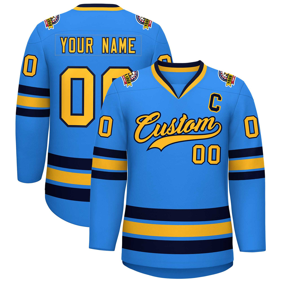 Custom Powder Blue Gold-Navy Classic Style Hockey Jersey | KXKSHOP