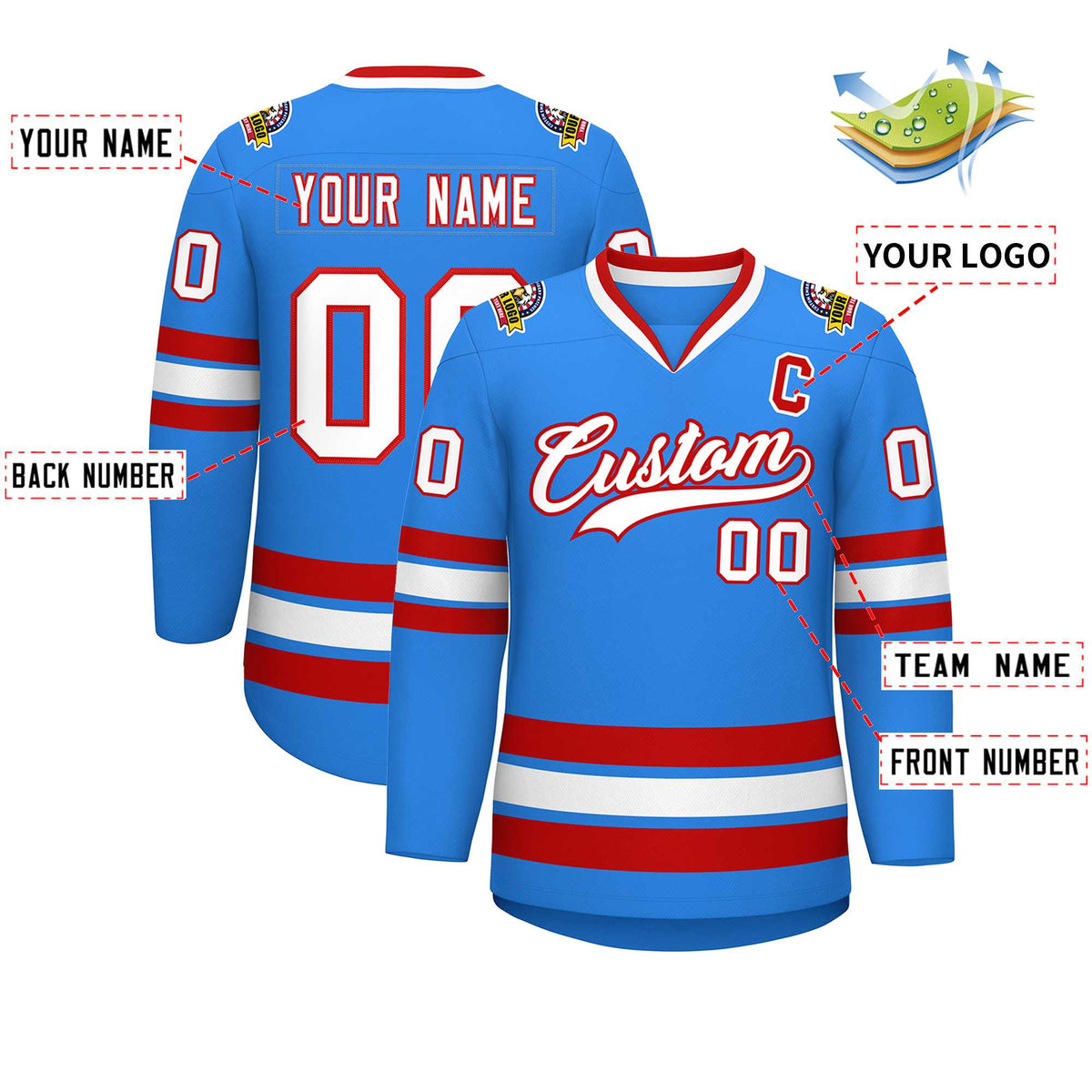 Custom Powder Blue White-Red Classic Style Hockey Jersey | KXKSHOP