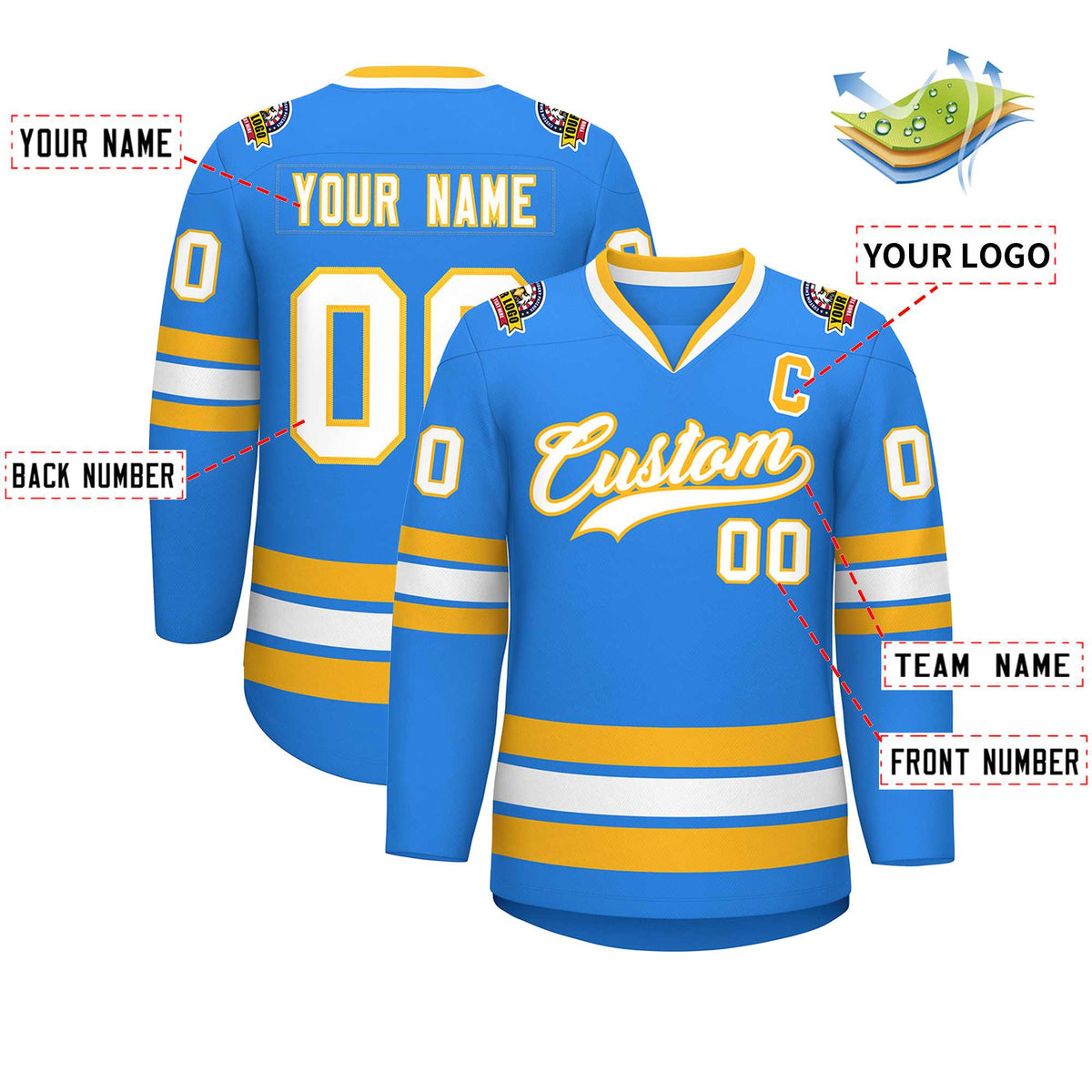 Custom Powder Blue White-Gold Classic Style Hockey Jersey | KXKSHOP
