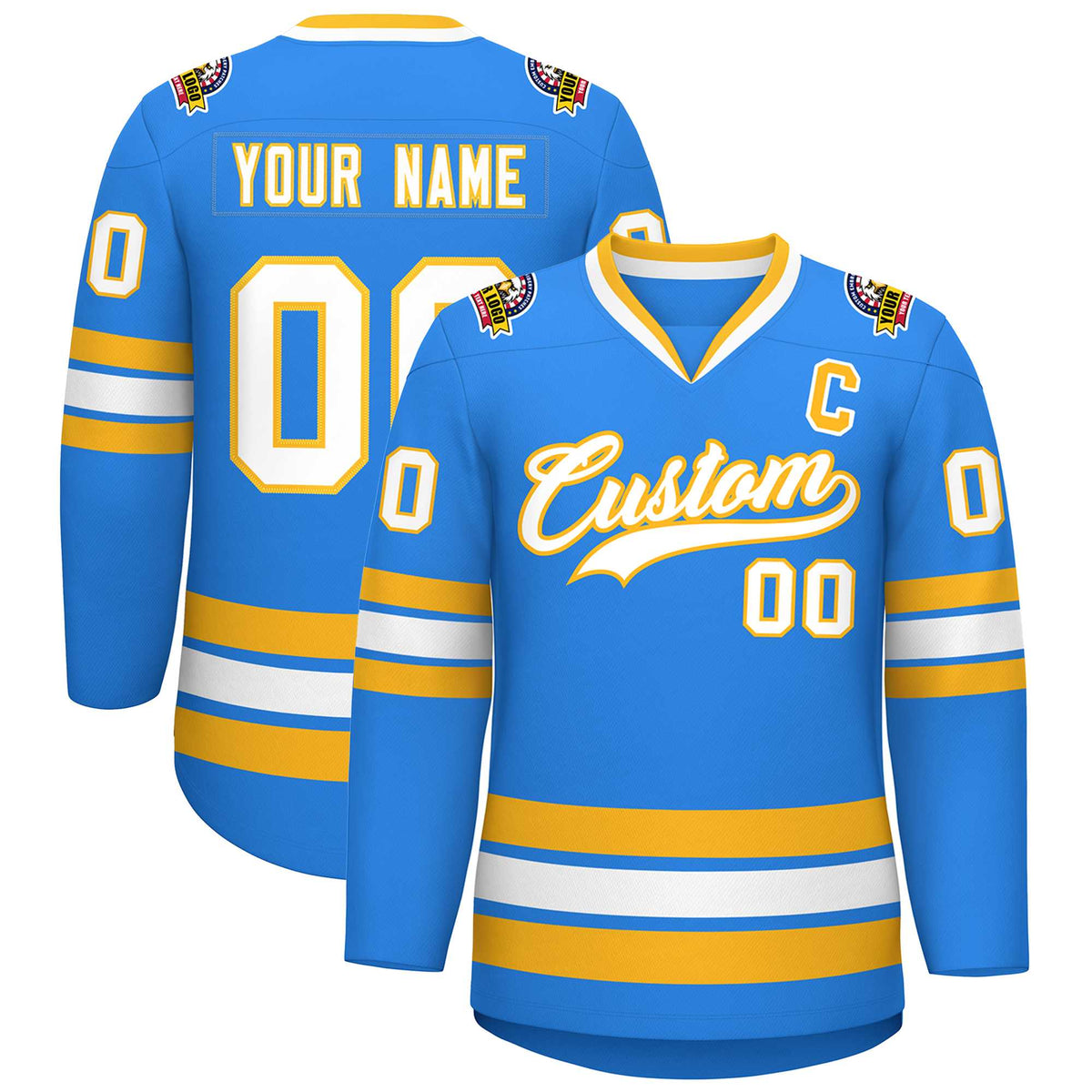 Custom Powder Blue White-Gold Classic Style Hockey Jersey | KXKSHOP