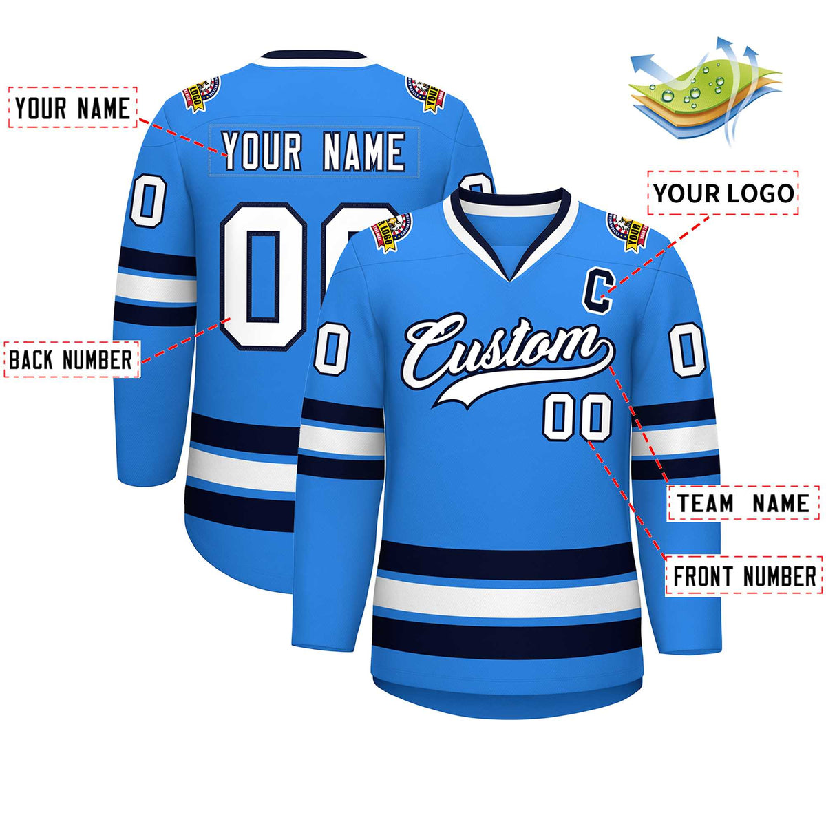 Custom Powder Blue White-Navy Classic Style Hockey Jersey | KXKSHOP