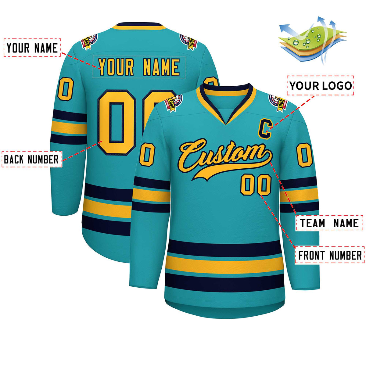 Custom Aqua Gold-Navy Classic Style Hockey Jersey | KXKSHOP