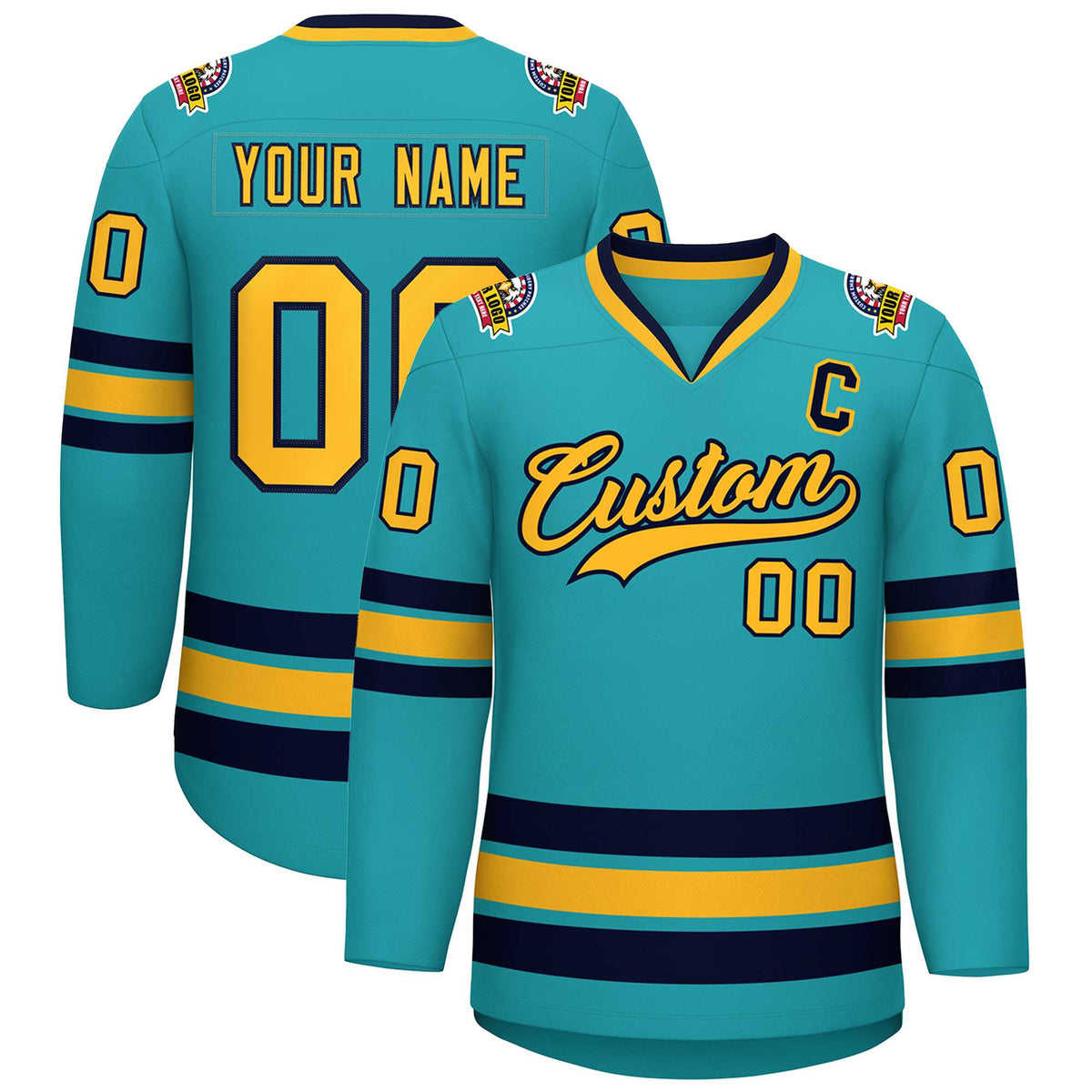 Custom Aqua Gold-Navy Classic Style Hockey Jersey | KXKSHOP