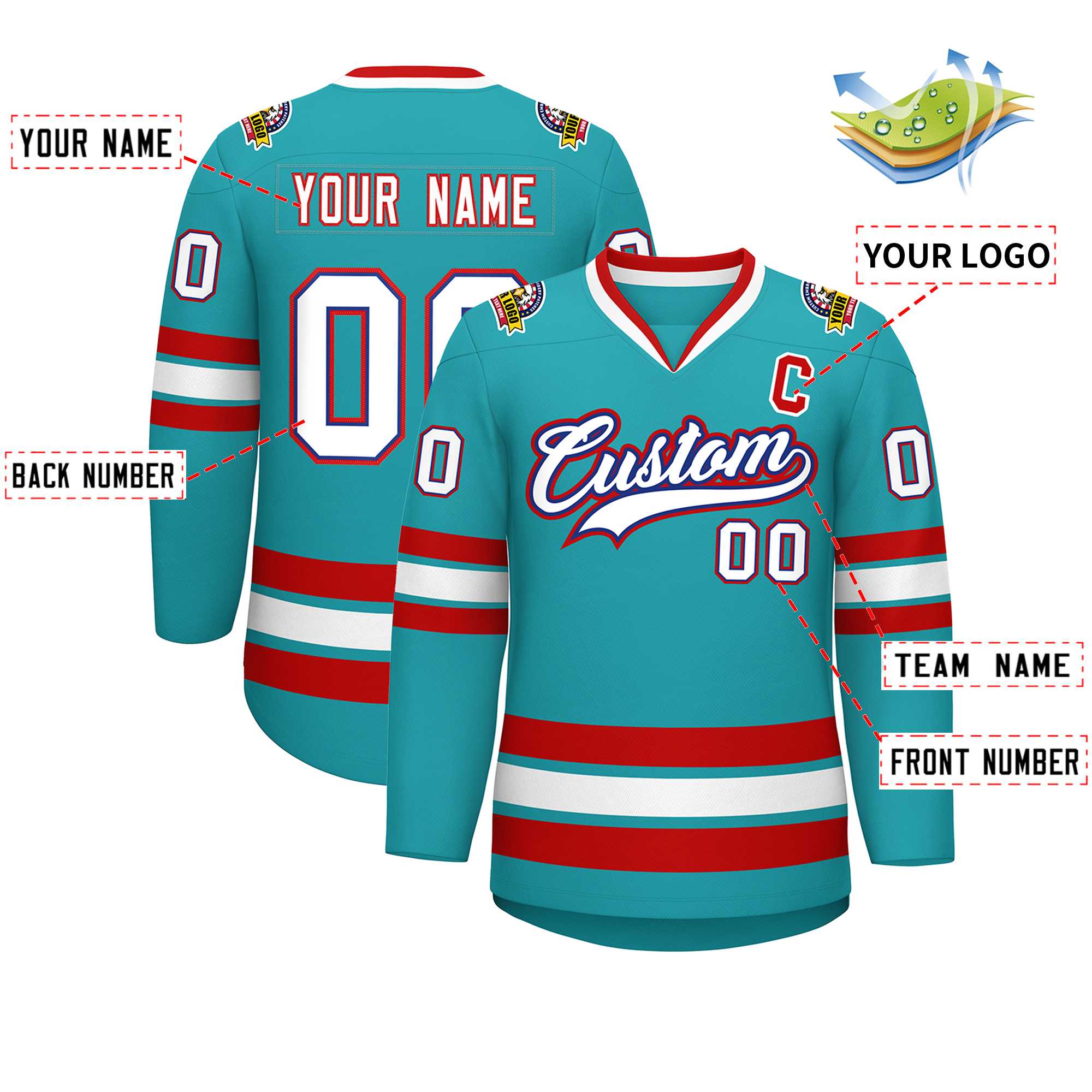 Custom Aqua White Royal-Red Classic Style Hockey Jersey | KXKSHOP