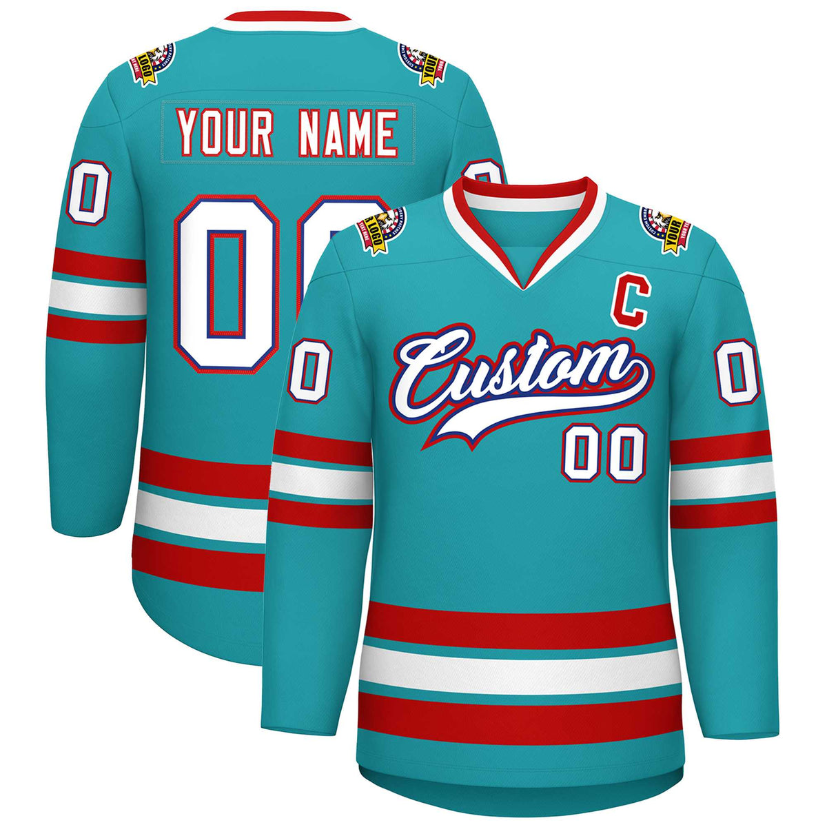 Custom Aqua White Royal-Red Classic Style Hockey Jersey | KXKSHOP