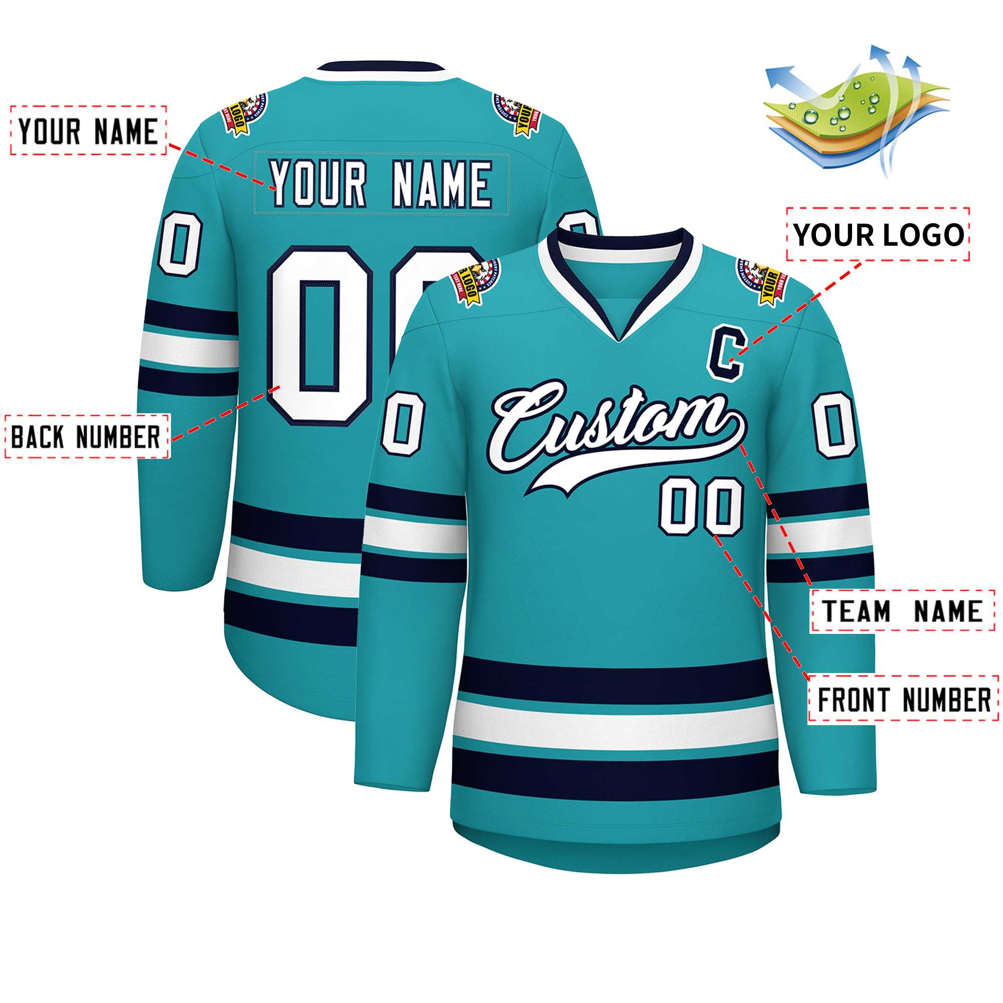Custom Aqua White-Navy Classic Style Hockey Jersey | KXKSHOP