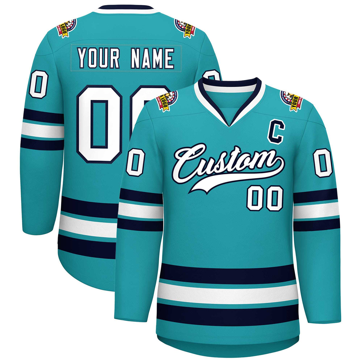 Custom Aqua White-Navy Classic Style Hockey Jersey | KXKSHOP