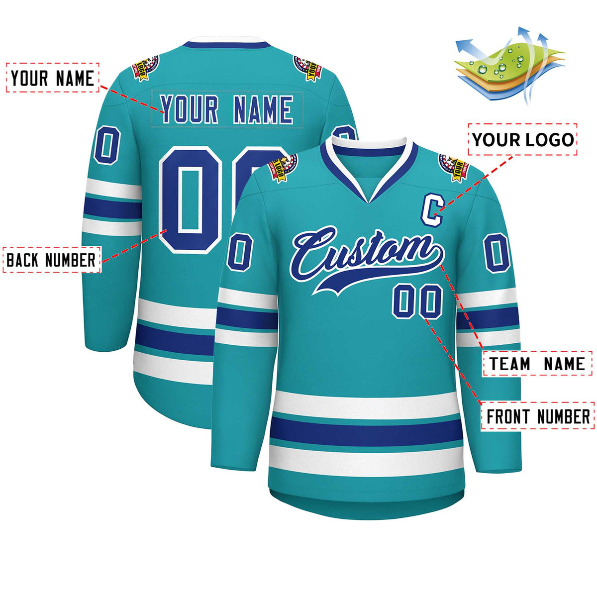 Custom Aqua Royal-White Classic Style Hockey Jersey | KXKSHOP