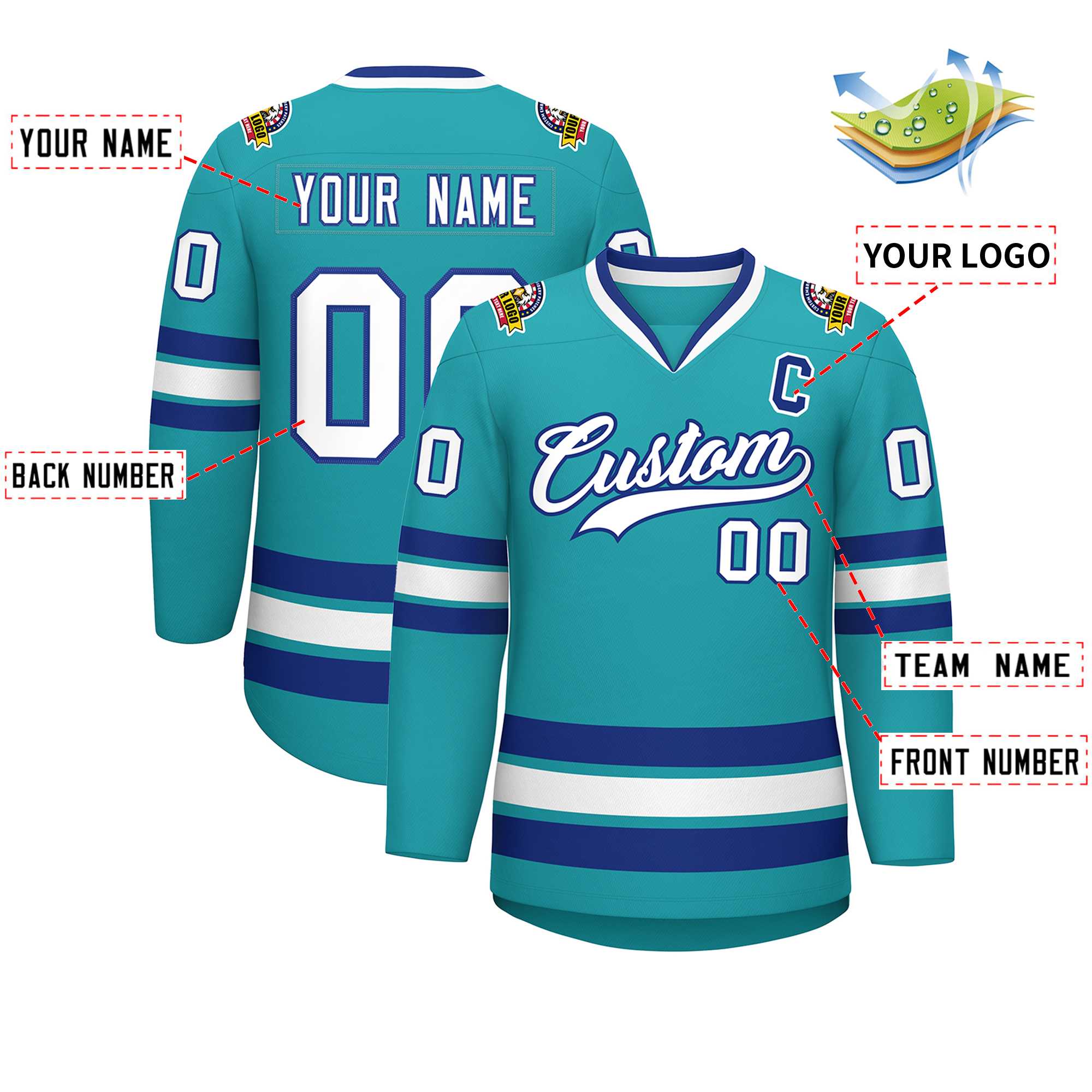Custom Aqua White-Royal Classic Style Hockey Jersey | KXKSHOP